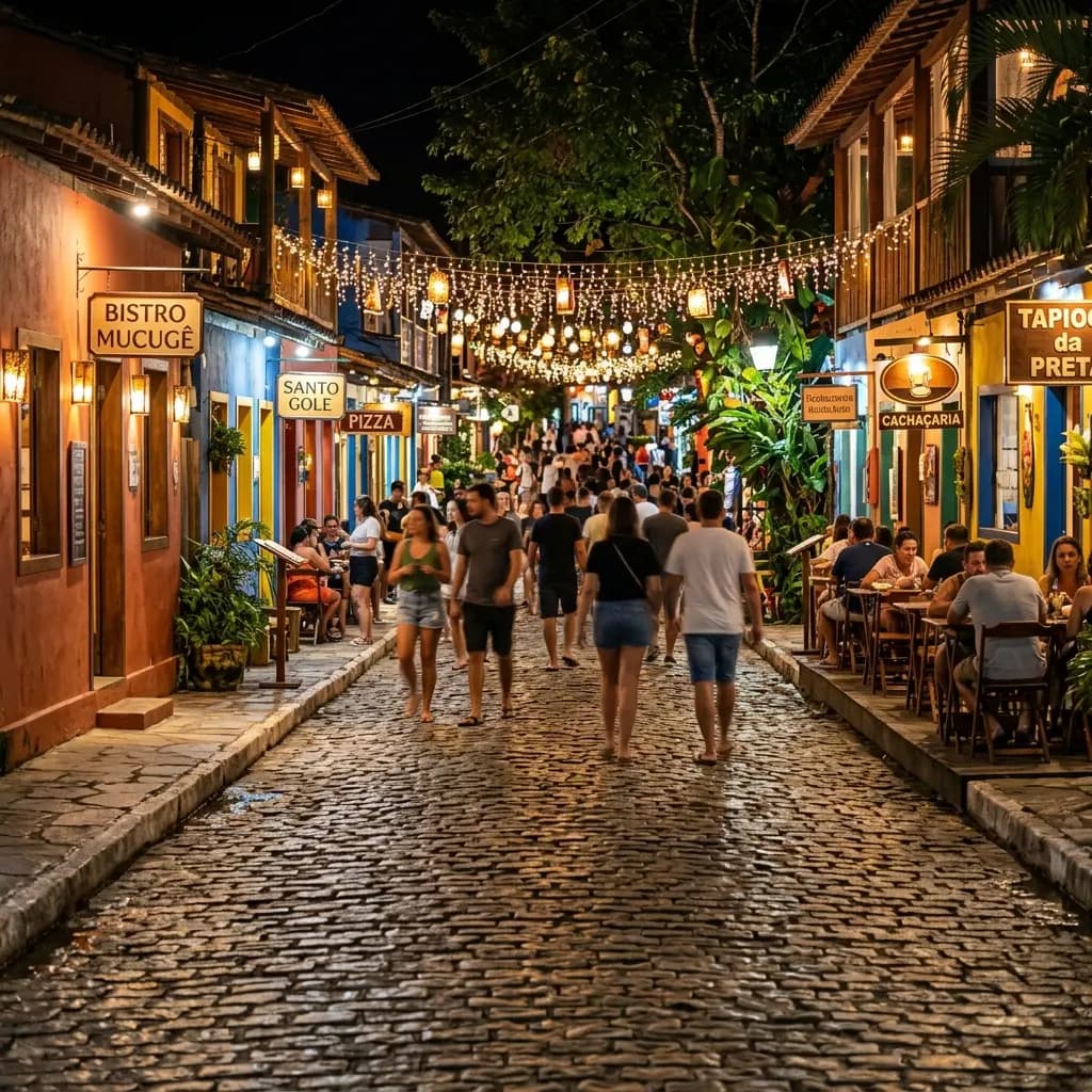 Noite em Arraial d'Ajuda: Rua Mucugê, música ao vivo e gastronomia